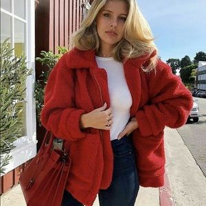 Cute Red Fuzzy Teddy Coat Size S